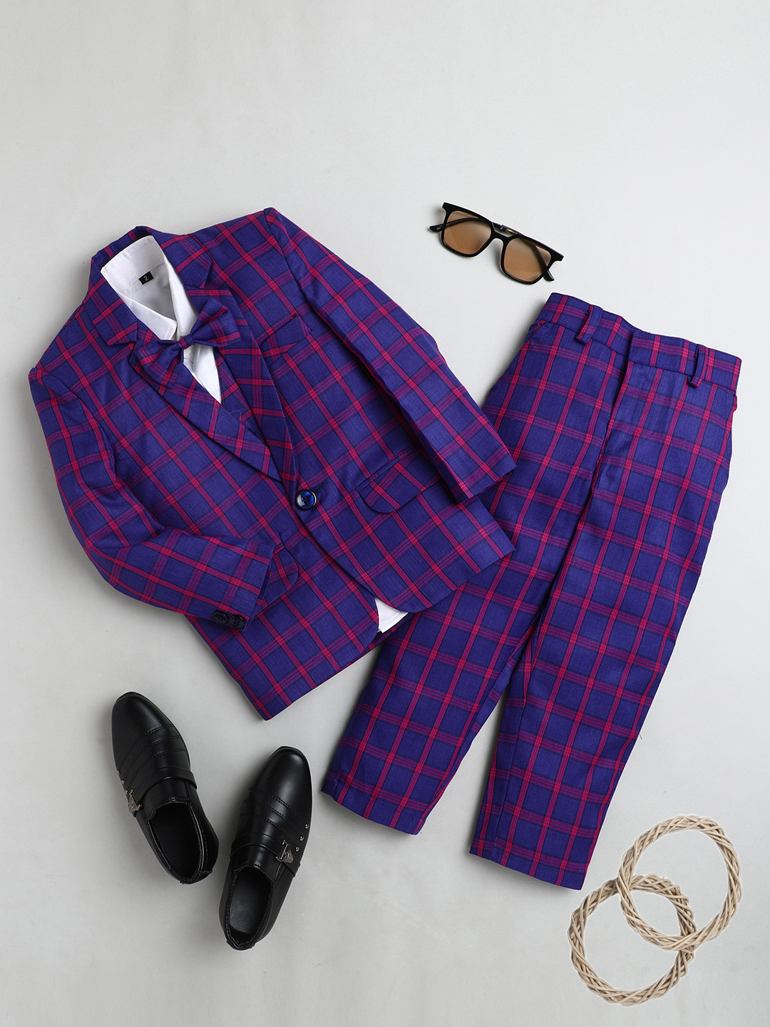 Jeetethnics Infant Boys Navy Blue Checked Single Breasted 5-Piece Suits