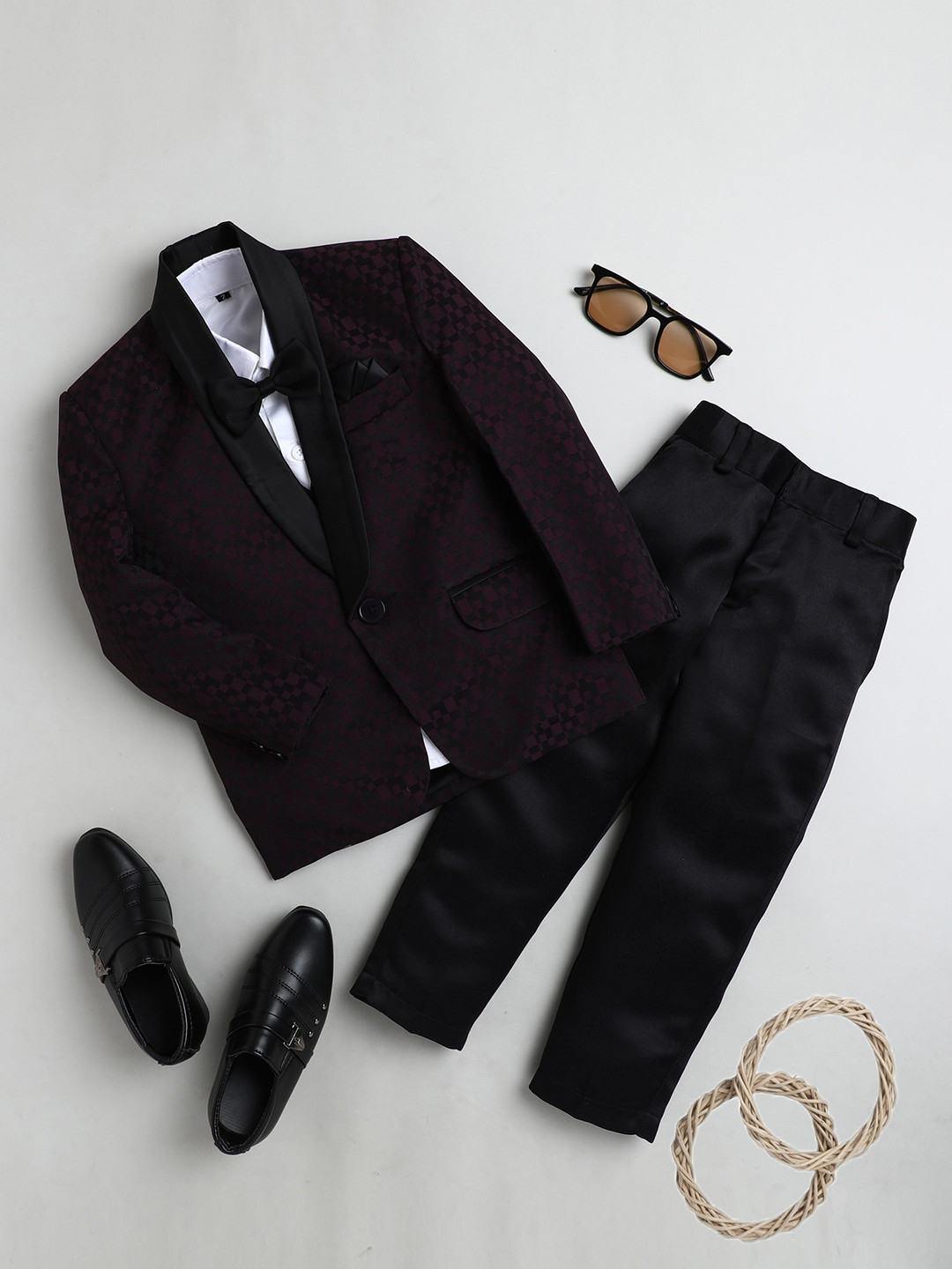 Jeetethnics Boys Burgundy Checked 4-Piece Single-Breasted Partywear Suit