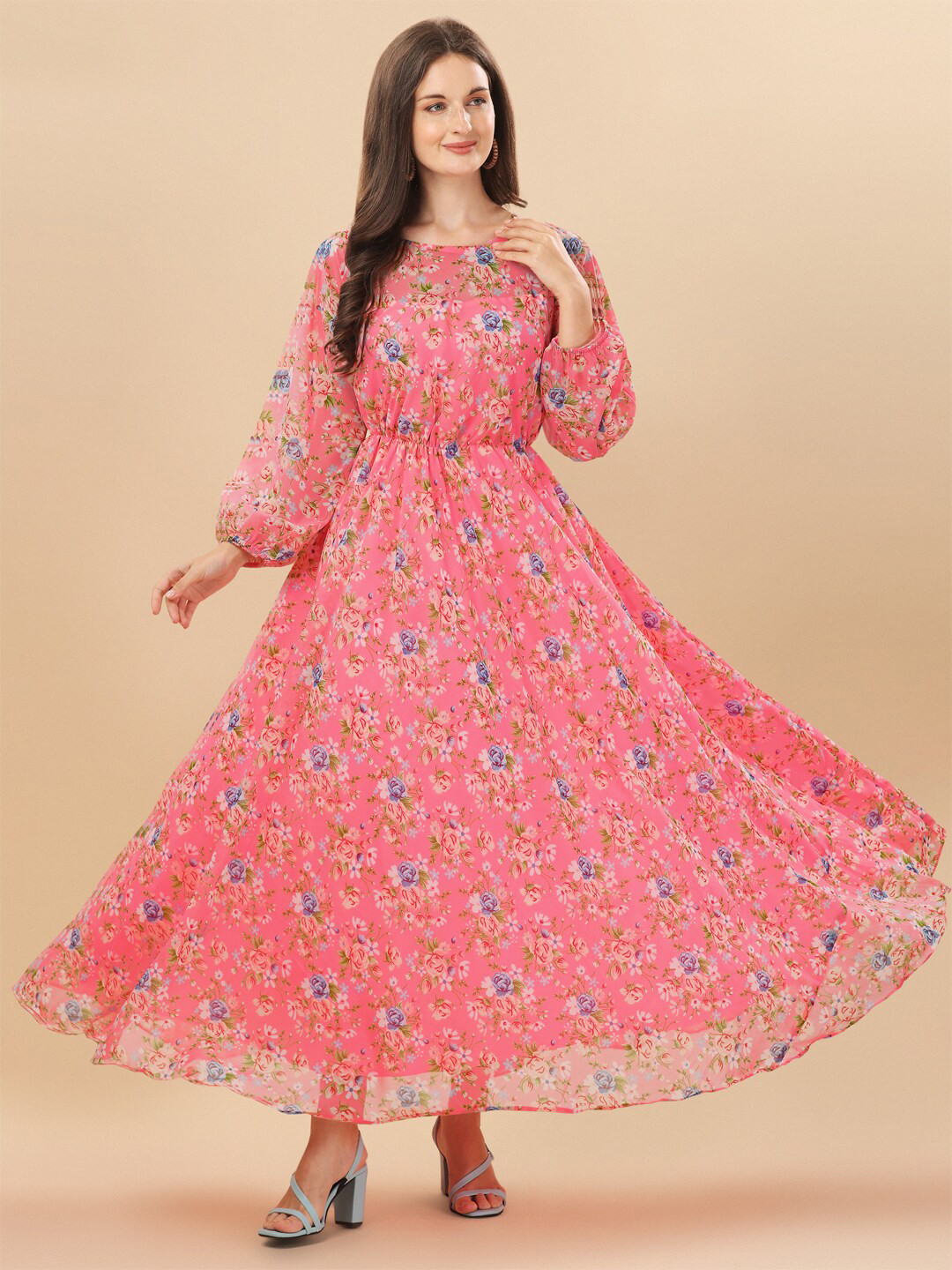 Vidraa Western Store Pink Floral Georgette Maxi Dress