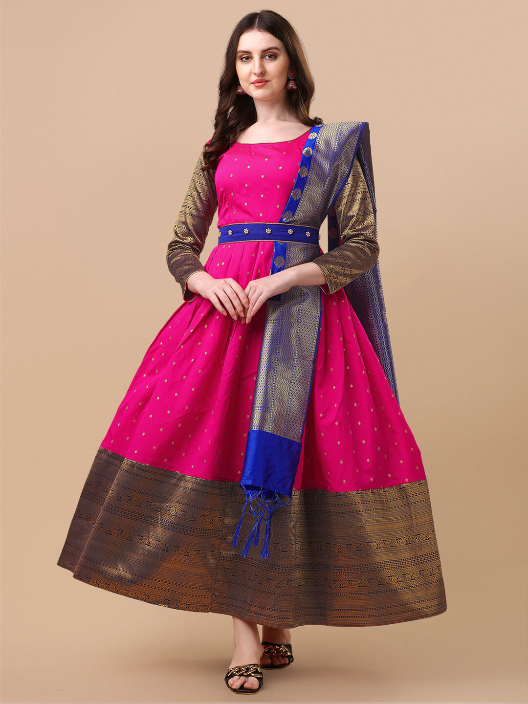 Vidraa Western Store Pink & Blue Ethnic Motifs Jacquard Ethnic Maxi Ethnic Dress