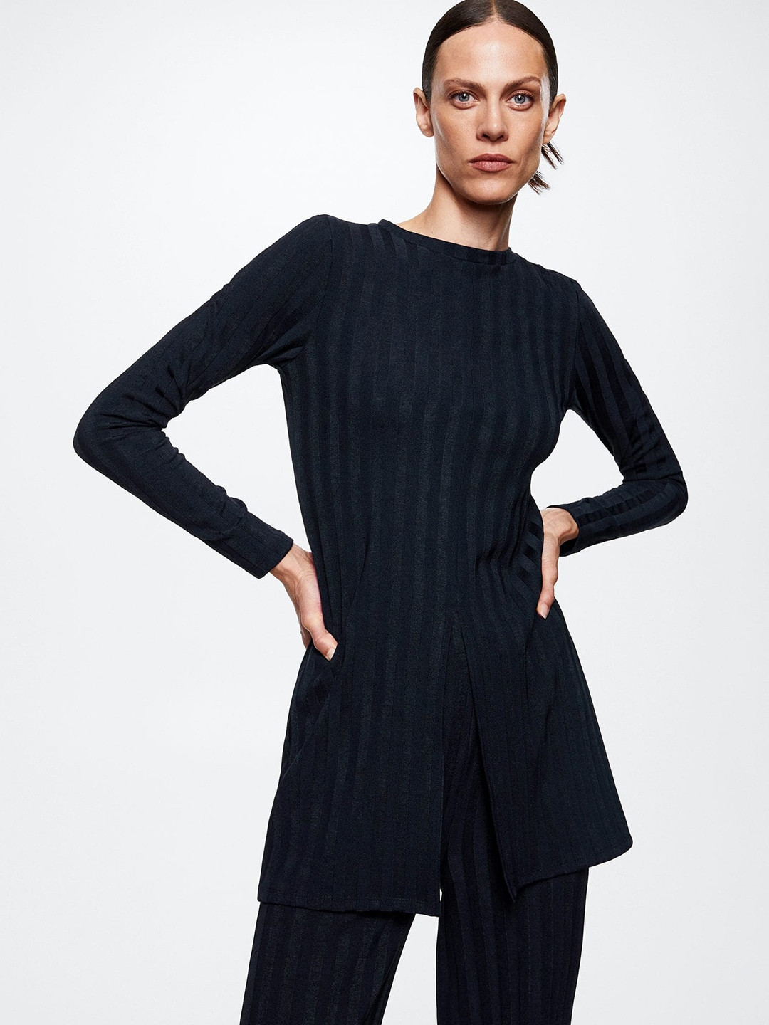 MANGO Navy Blue Self Striped Longline Top