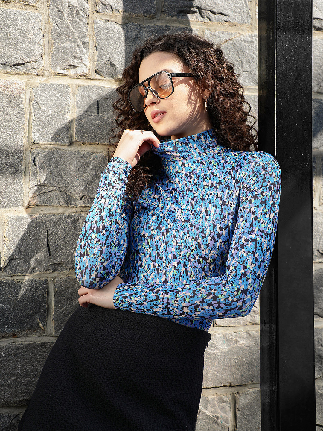 MANGO Women Blue & Black Floral Printed High Neck T-shirt