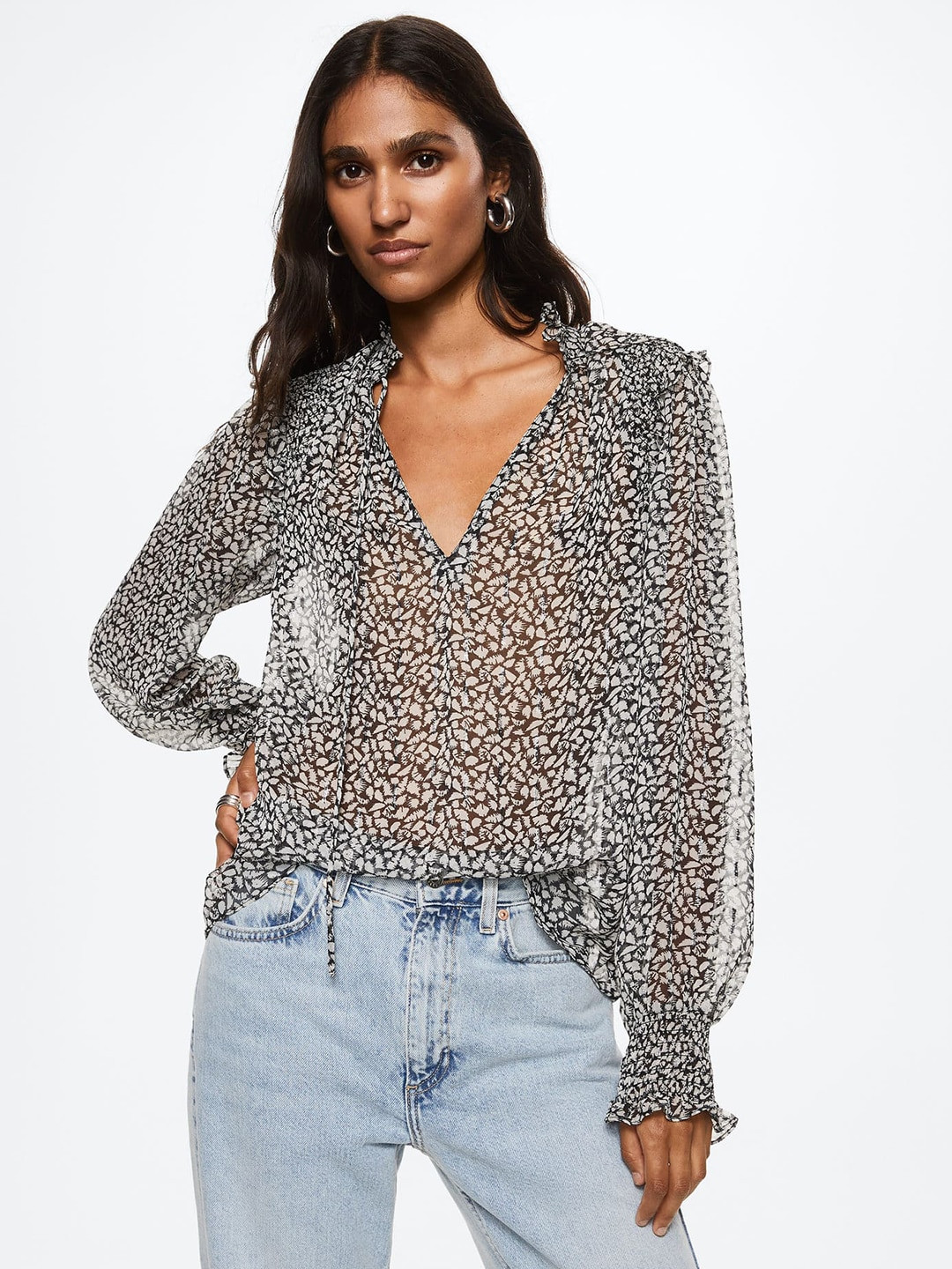 MANGO Black & White Printed Ruffle Monochrome Top