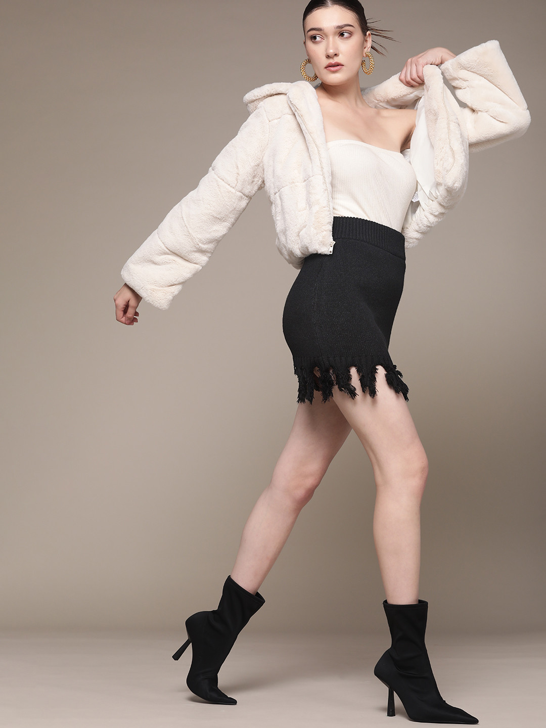 MANGO Black Solid Fringed Detail Sustainable Knitted Mini Skirt