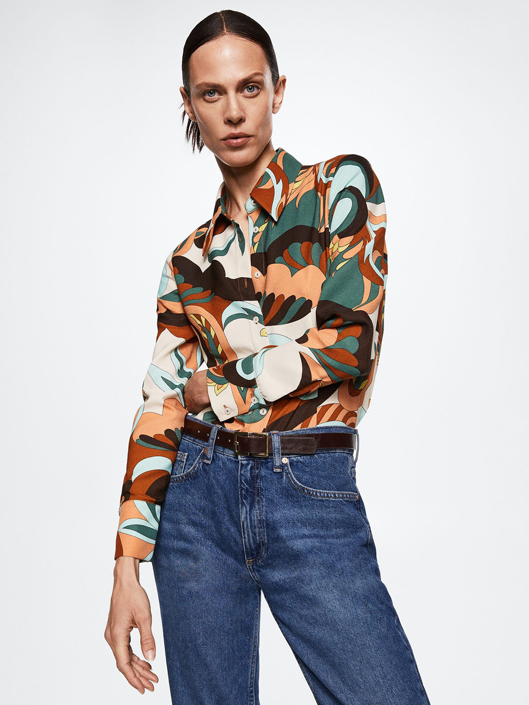 MANGO Women Turquoise Blue & Brown Retro Printed Casual Shirt