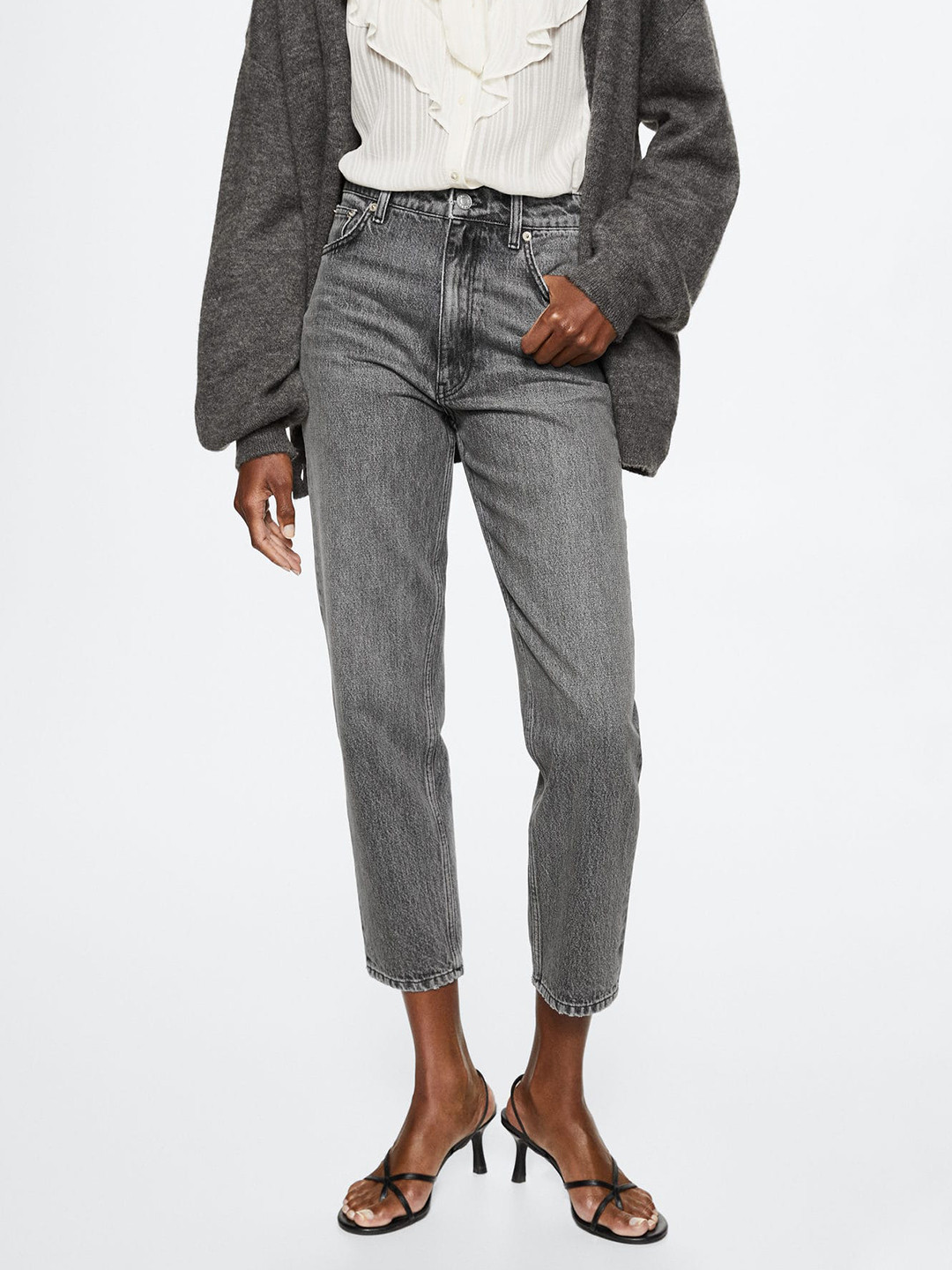 MANGO Women Grey Light Fade High-Rise Sustainable Mom Fit Jeans