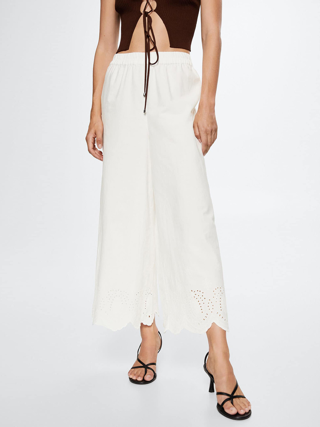 MANGO Women White Solid Pure Cotton RegularCulottes Trousers With Embroidered Detail