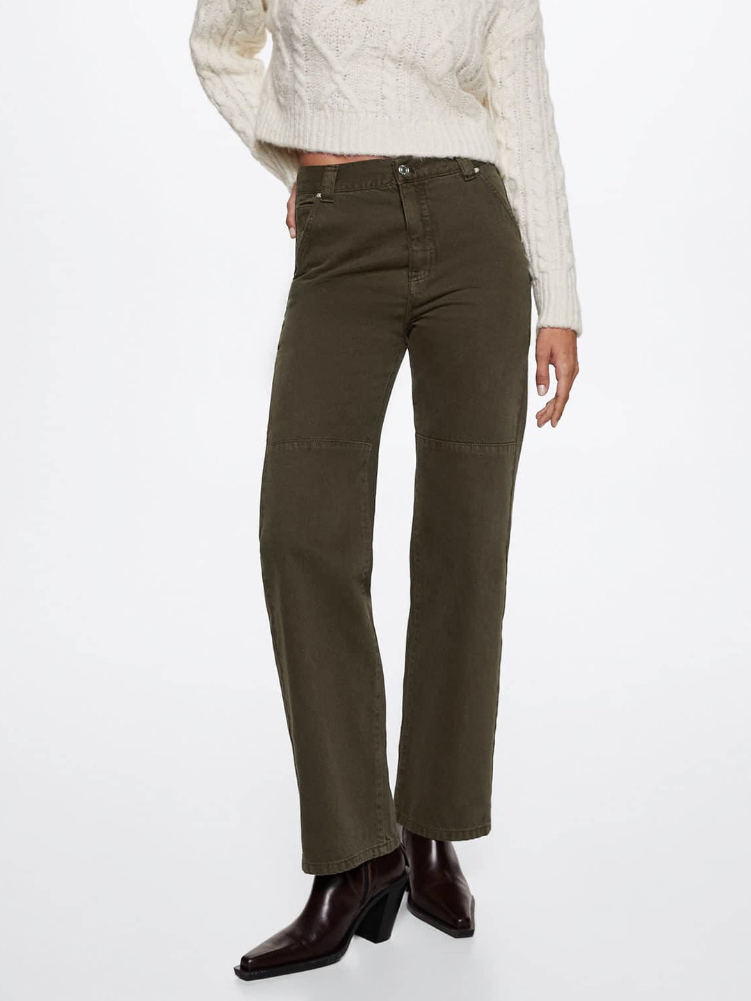 MANGO Women Olive Green Sustainable Straight Fit Cargo Jeans