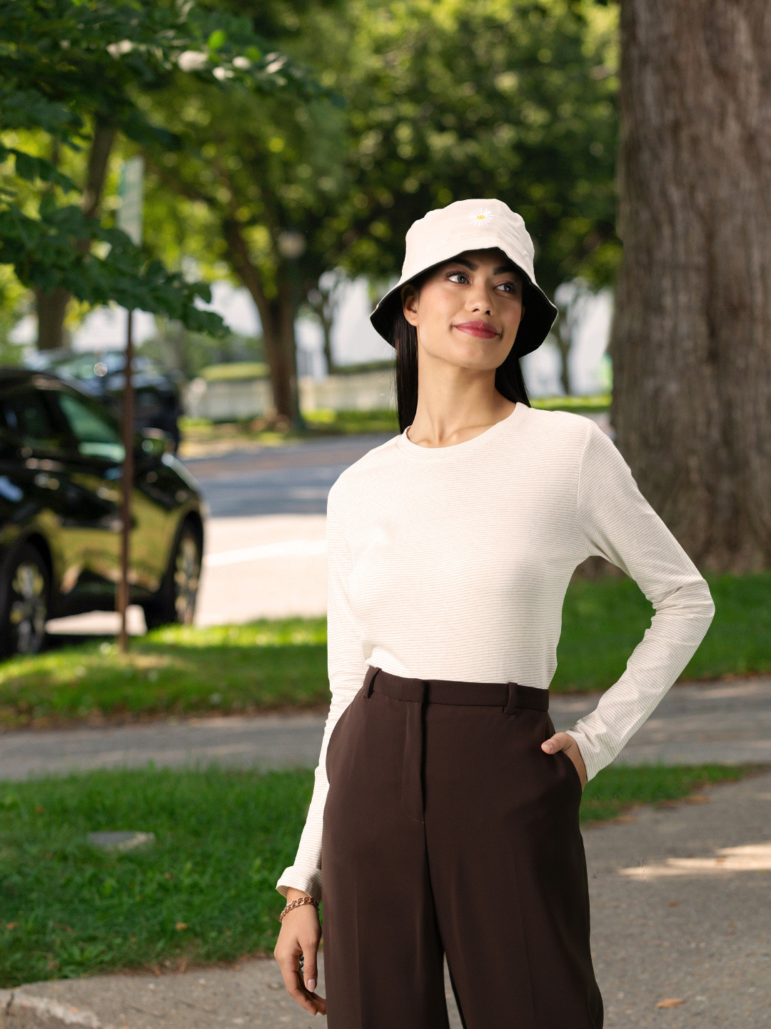 MANGO Women Off White Striped Pure Cotton Sustainable T-shirt