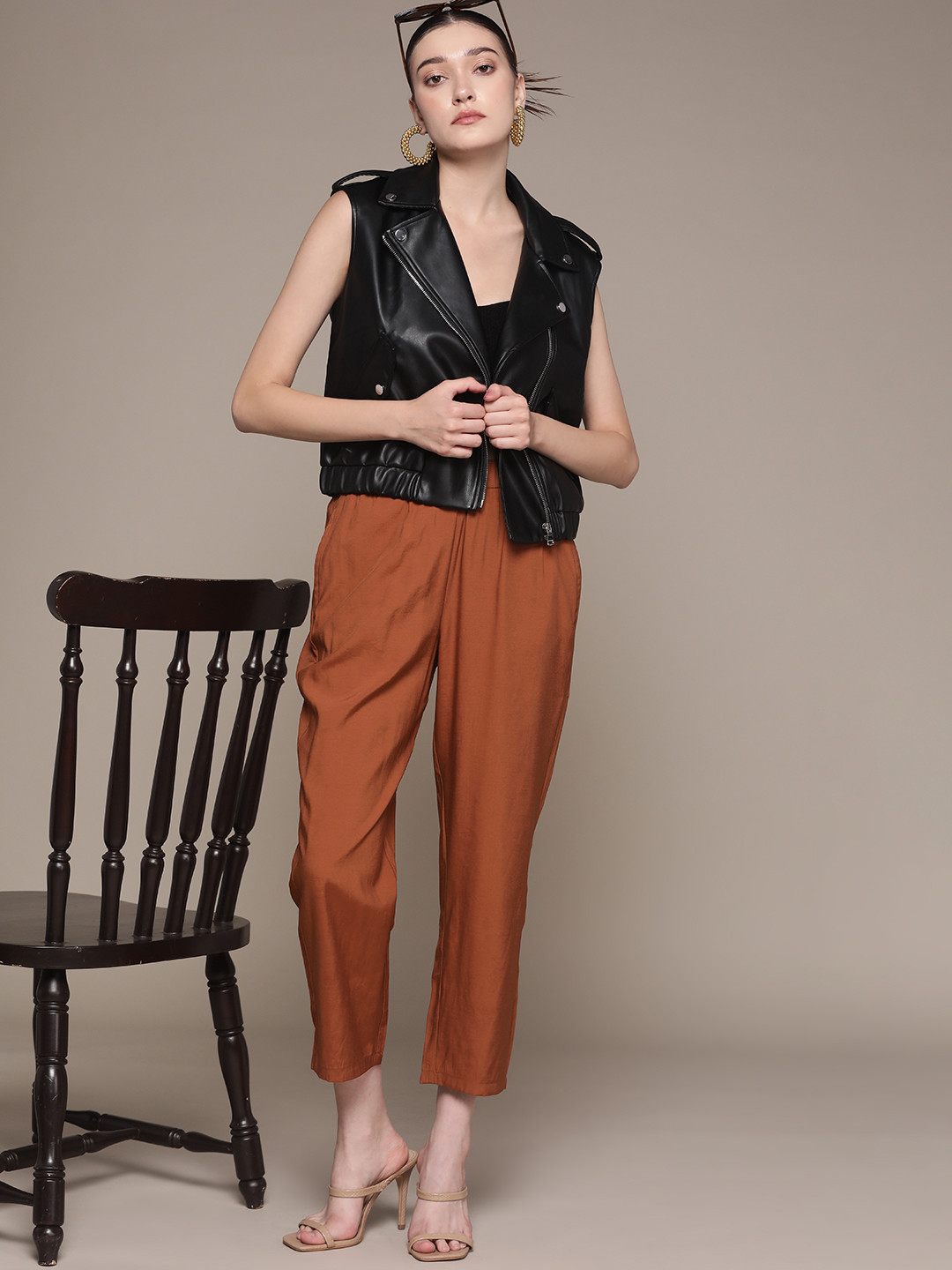 MANGO Women Rust Brown Solid Crop Regular Trousers