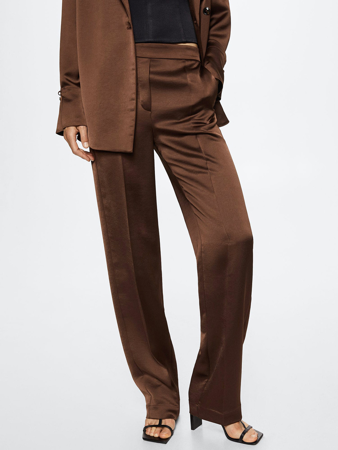 MANGO Women Brown Solid Satin RegularTrousers