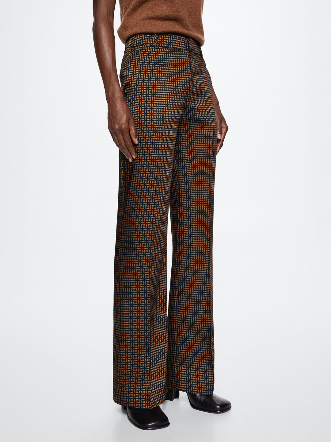 MANGO Women Brown Polka Dots Printed Regular Flared Satin Trousers