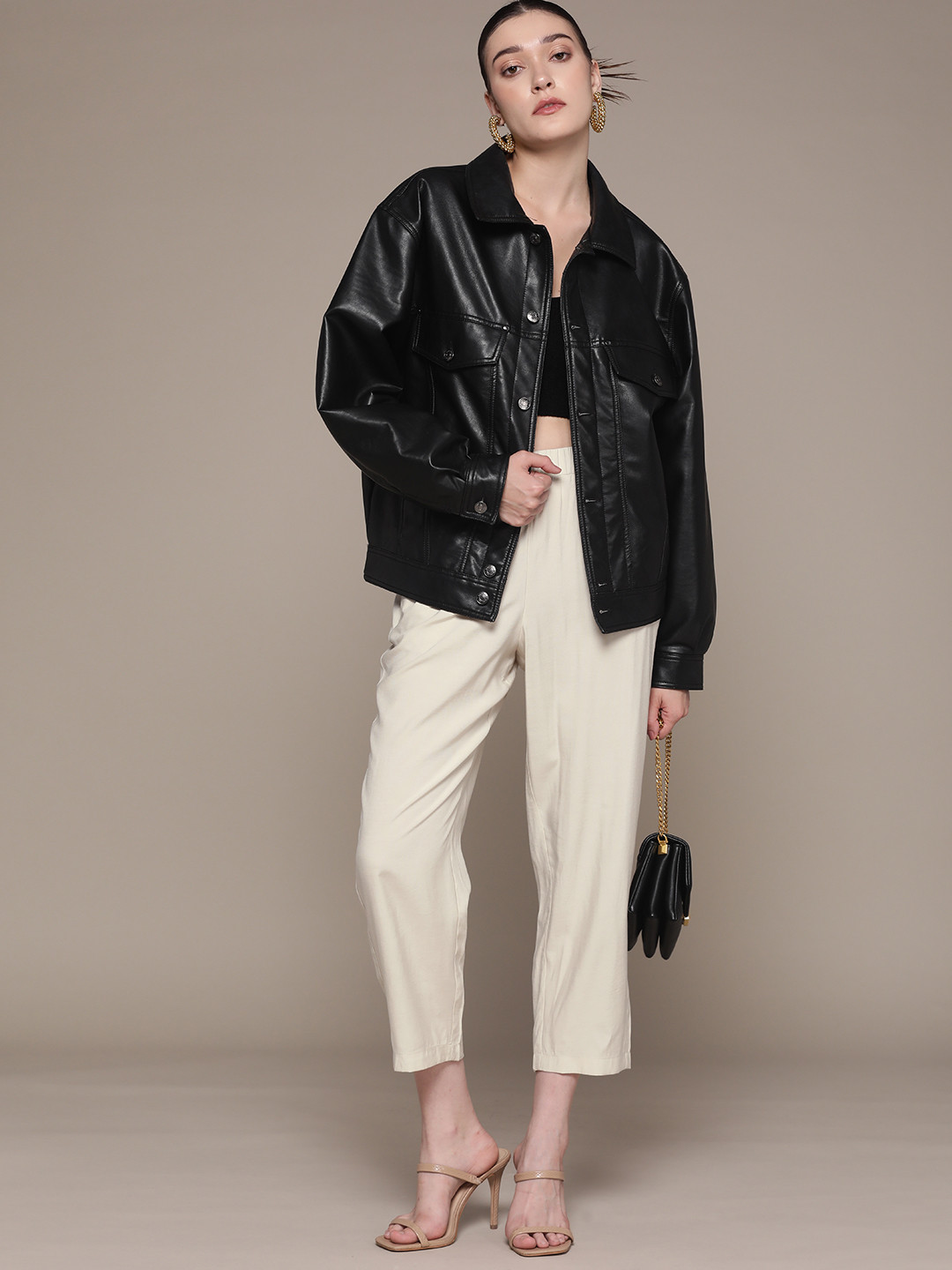 MANGO Women Beige Crop Regular Trousers