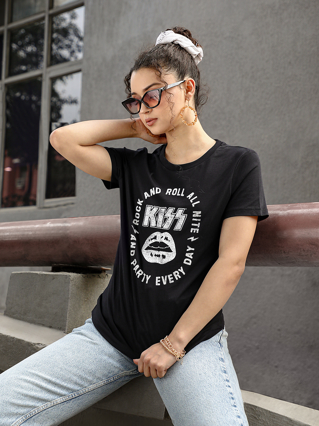 MANGO Women Black & White Printed Pure Cotton T-shirt