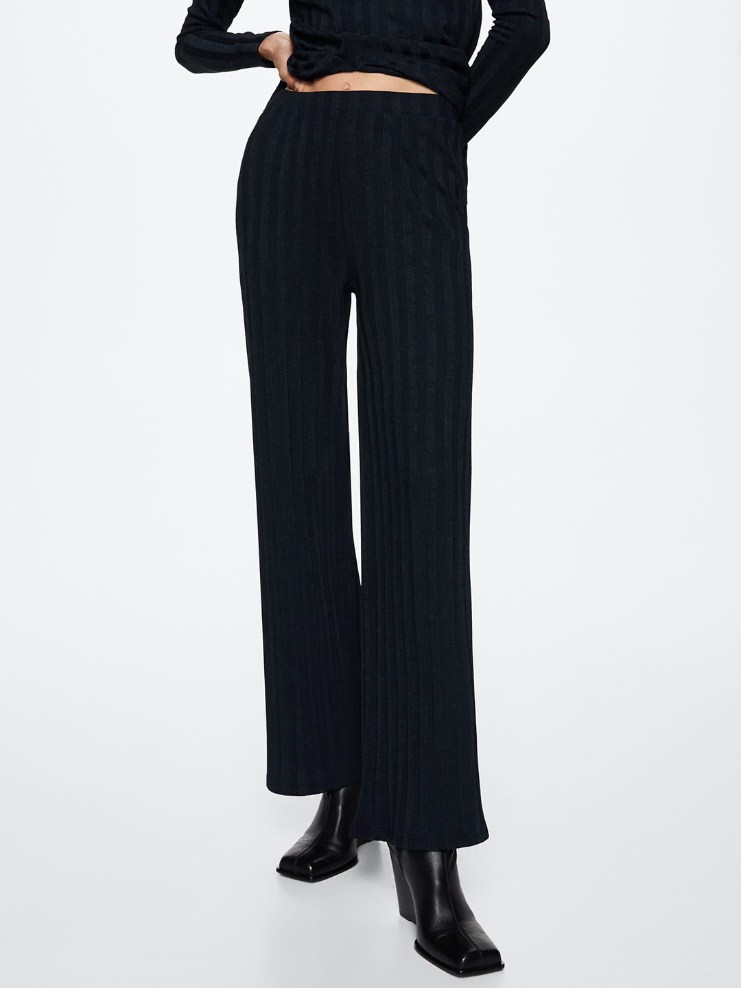 MANGO Women Navy Blue Striped Flared SlimWide Leg Trousers