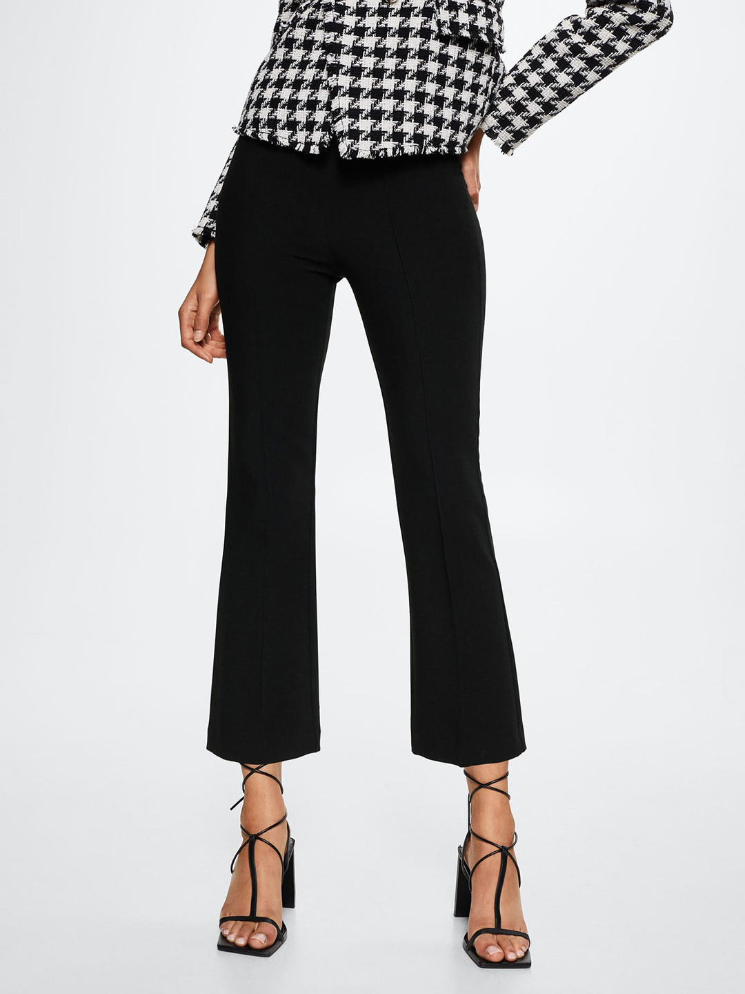 MANGO Women Black Cropped Bootcut Flared Trousers