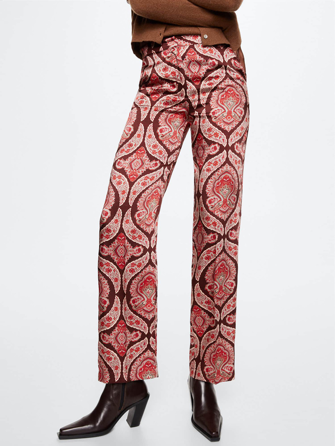MANGO Women Maroon & Pink Ethnic Motifs Printed Straight Fit RegularTrousers