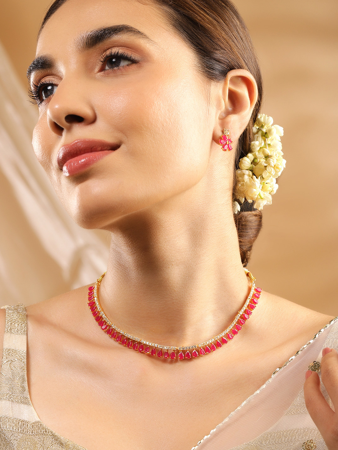 Rubans 22K Gold Plated Ruby & CZ Studded Necklace Set