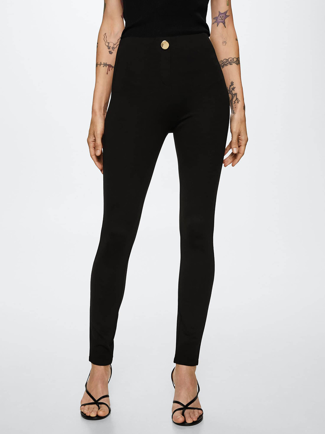 MANGO Women Solid Decorative Button Leggings