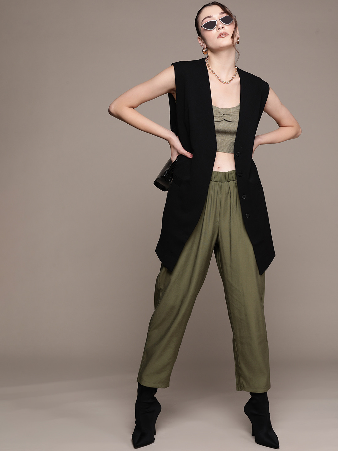 MANGO Women Olive Green Sustainable Cropped Trousers