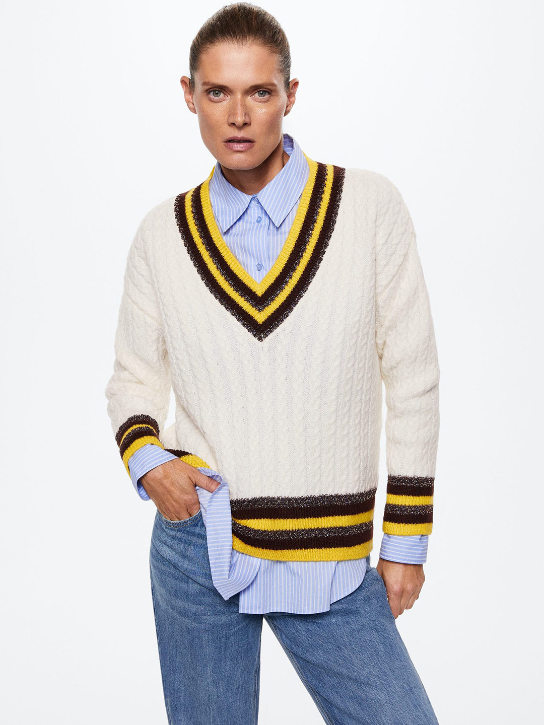 MANGO Women Off White & Yellow Cable Knit V-Neck Oversized Sustainable Pullover