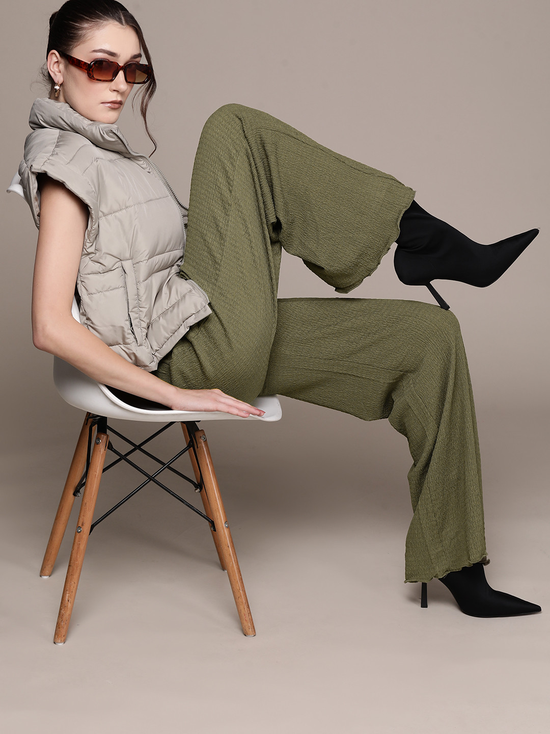 MANGO Women Olive Green Textured Effect Parallel Trousers