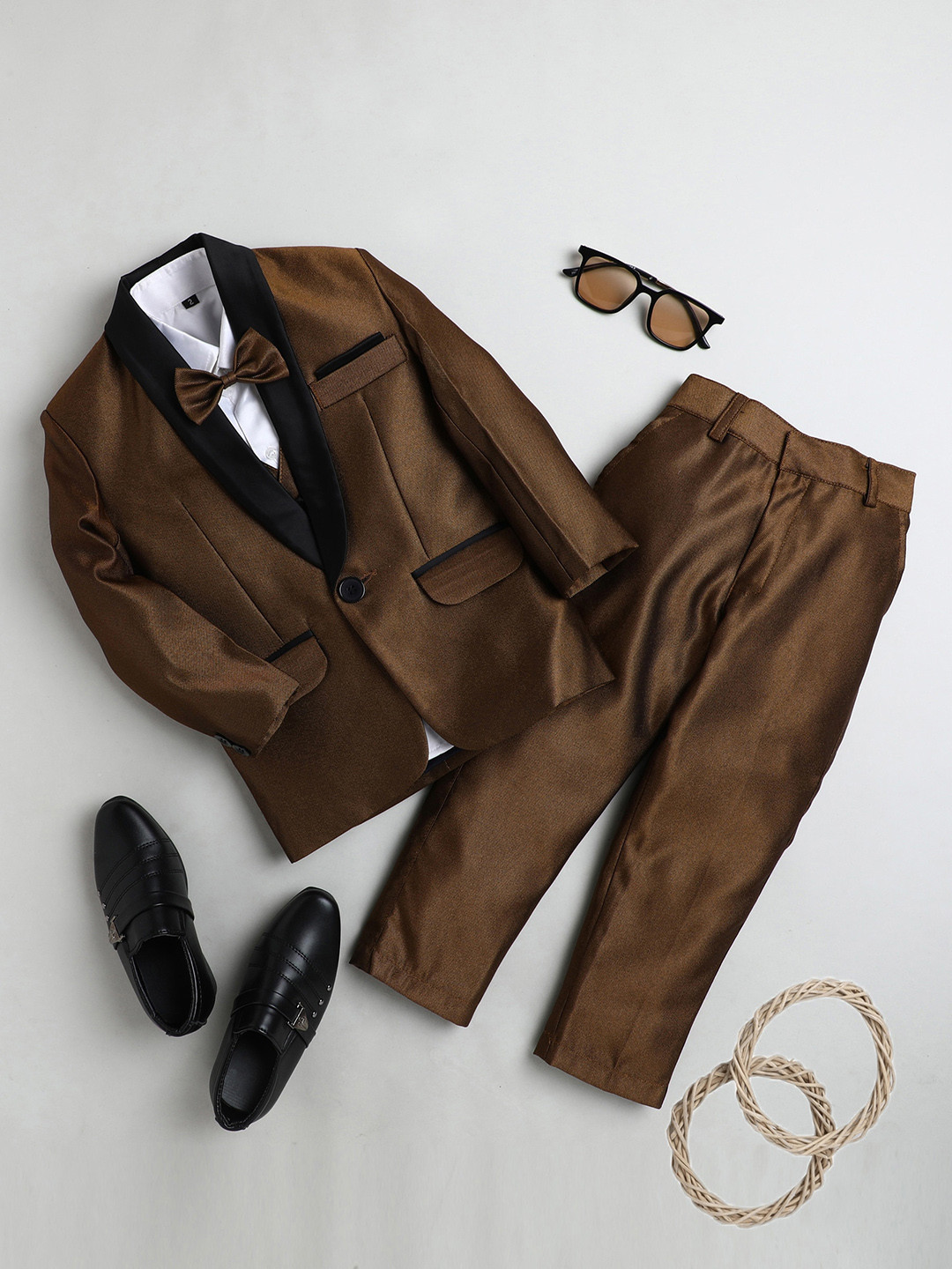 Jeetethnics Boys Gold-Colored Solid 5-Piece Party Suit