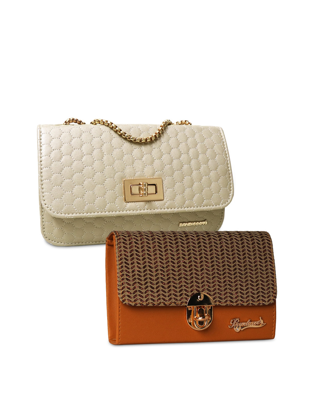 BANDICOOT Set OF 2 Gold-Toned Textured PU Structured Sling Bag with Quilted