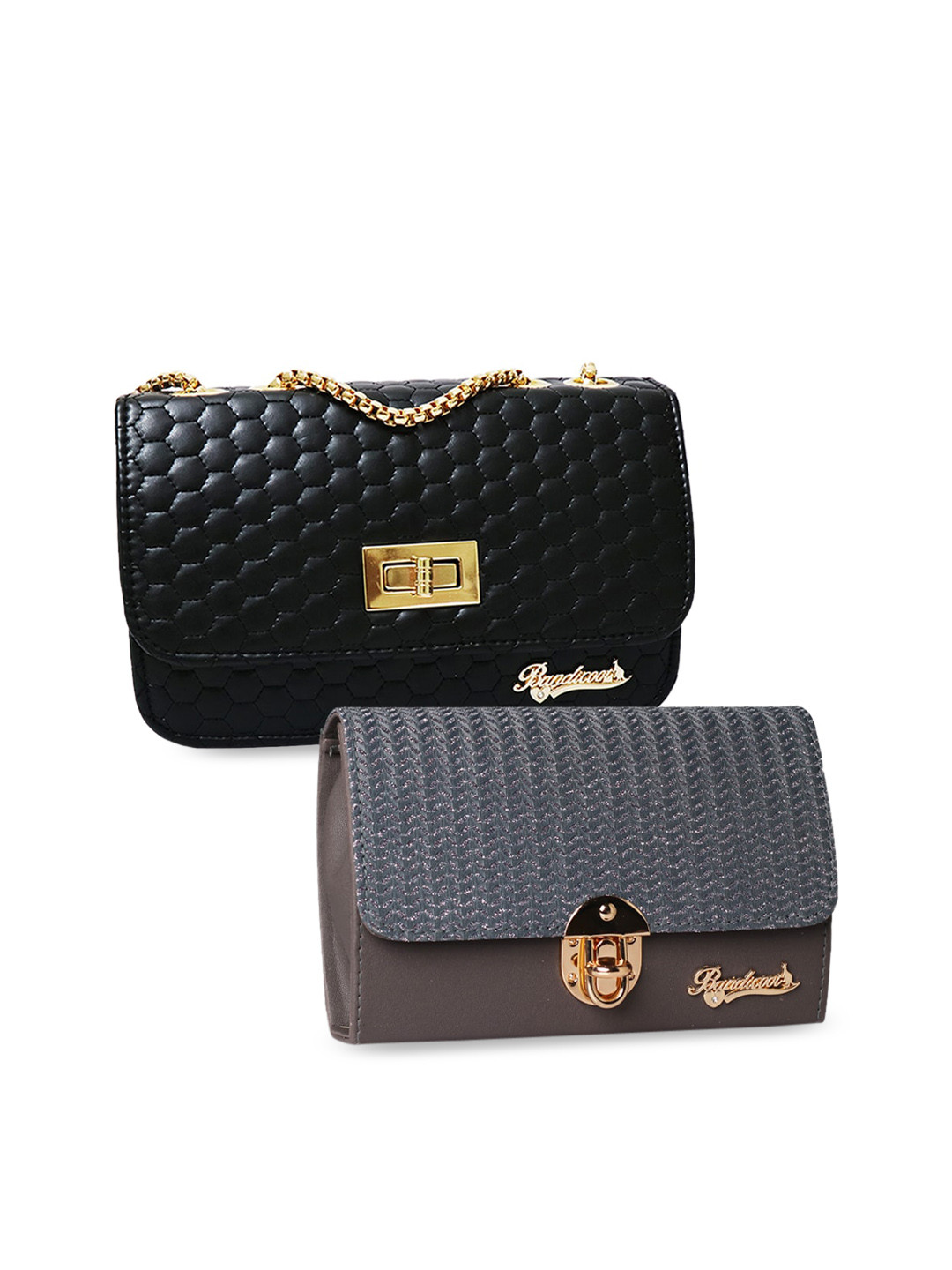 BANDICOOT Set of 2 Black & Grey Textured PU Structured Sling Bag with Quilted