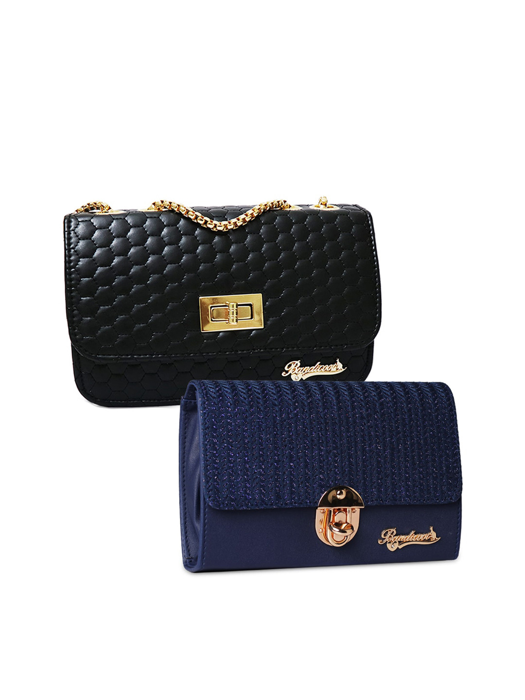 BANDICOOT Set of 2 Black & Navy Blue Textured Structured Sling Bag with Quilted