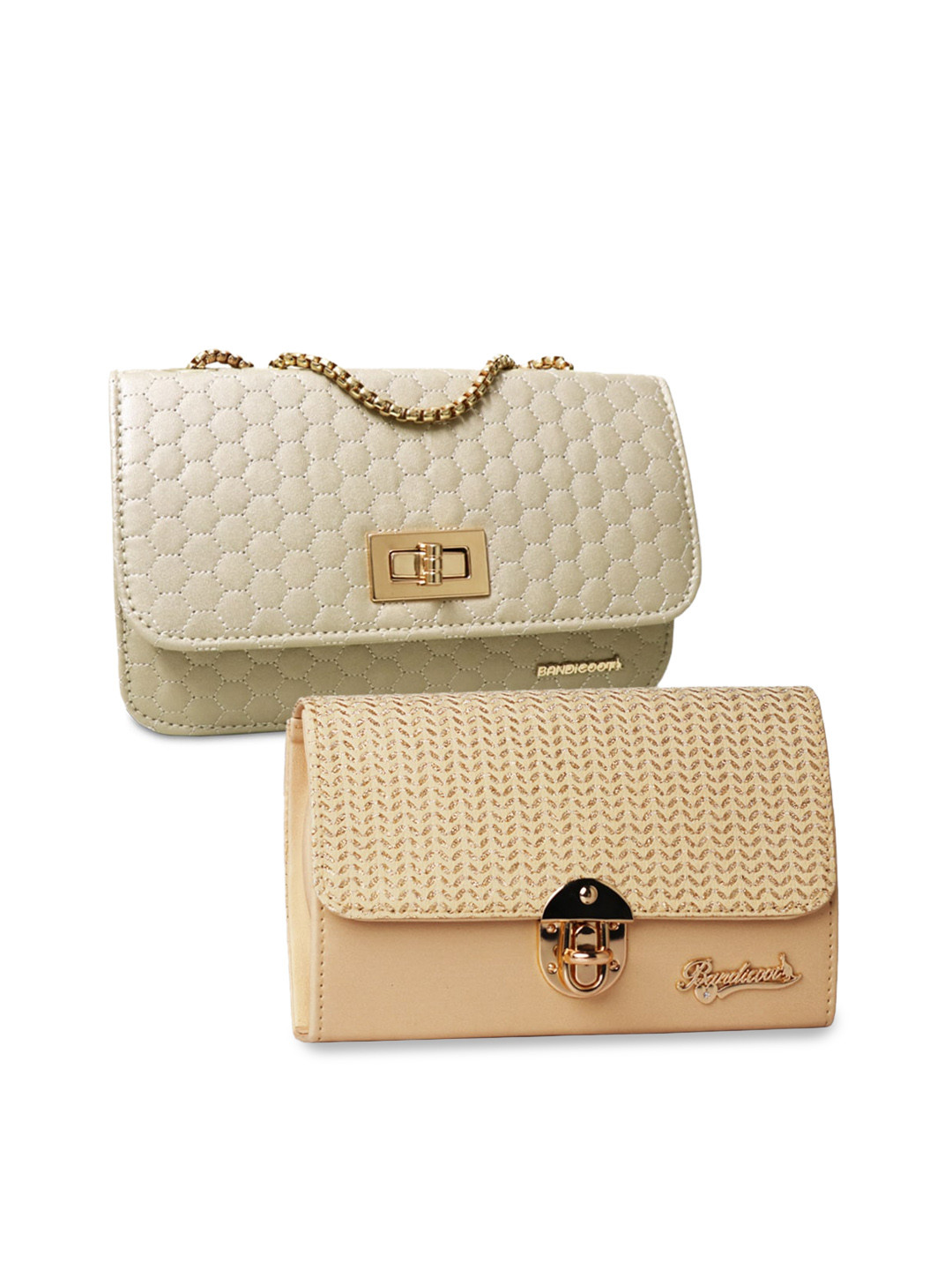 BANDICOOT Set of 2 Gold-Toned & Beige Textured PU Structured Sling Bag with Quilted