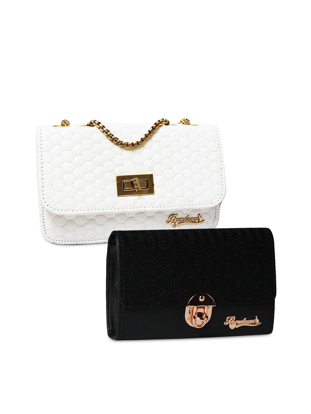 BANDICOOT Set of 2 White & Black Textured PU Structured Sling Bag with Quilted