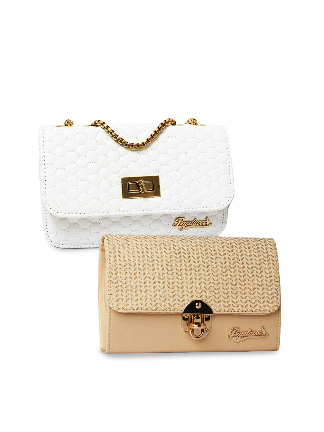BANDICOOT Women Set of 2 White & Gold Textured PU Structured Sling Bag