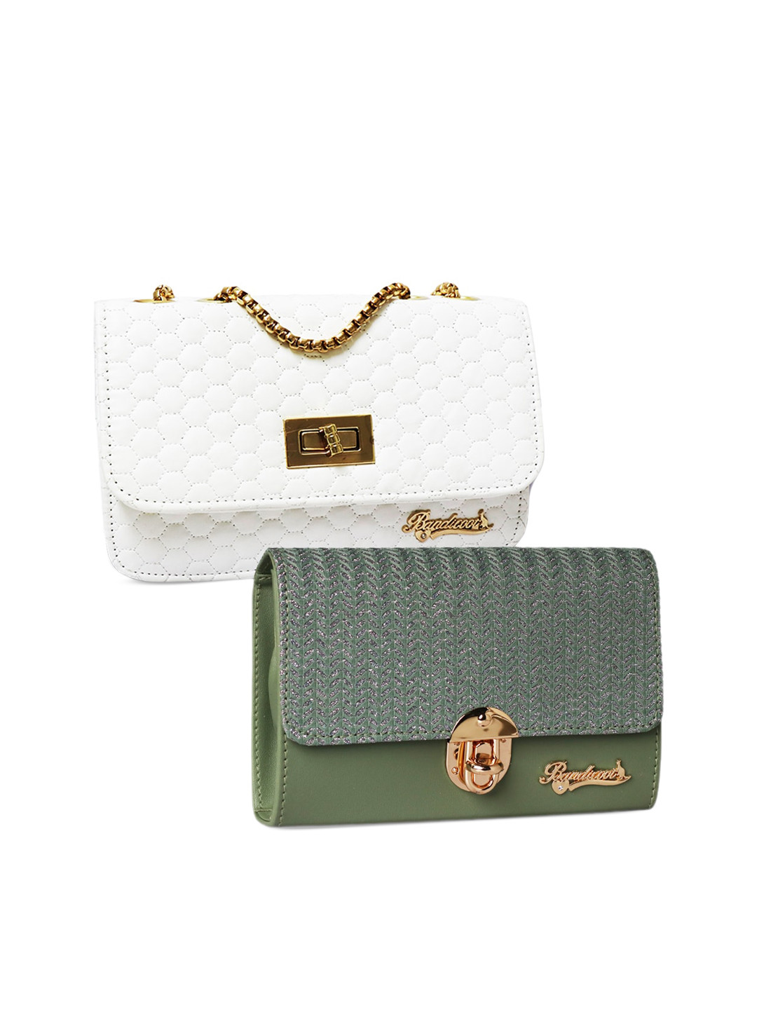 BANDICOOT Women Set of 2 White & Green Textured PU Structured Sling Bag with Quilted