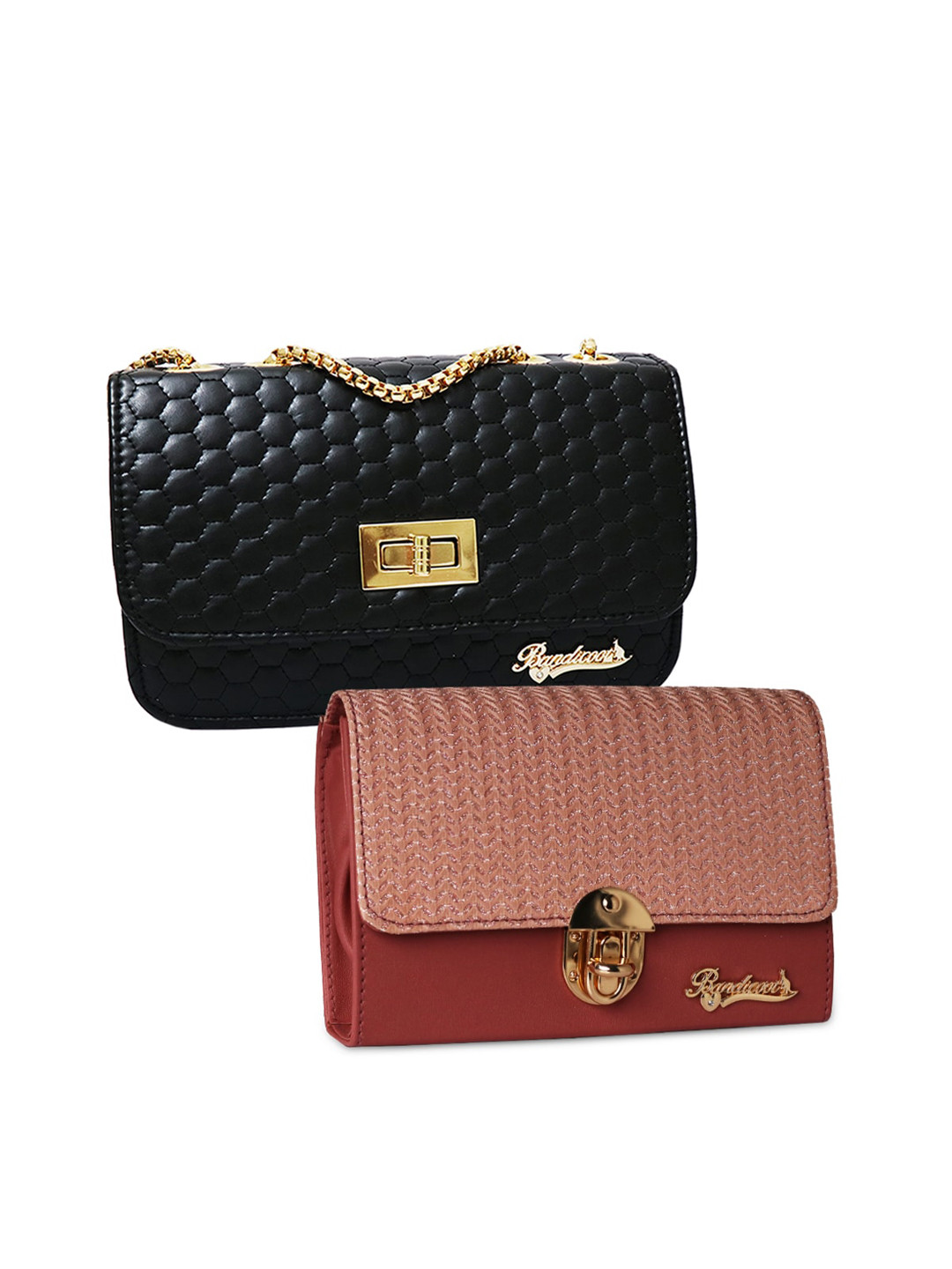 BANDICOOT Set OF 2 Black Textured PU Structured Sling Bag with Quilted