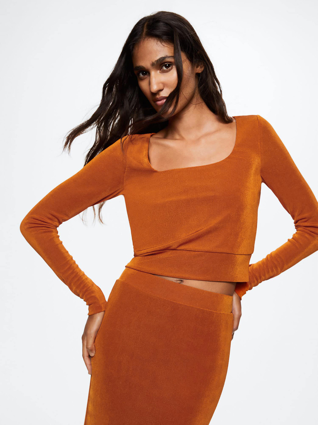 MANGO Orange Solid Knitted Crop Top