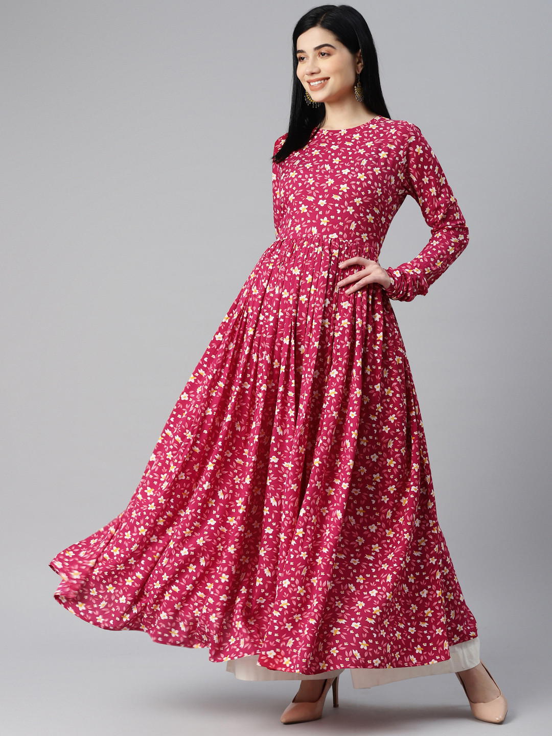 MBE Women Magenta & White Floral Printed Floral Anarkali Kurta