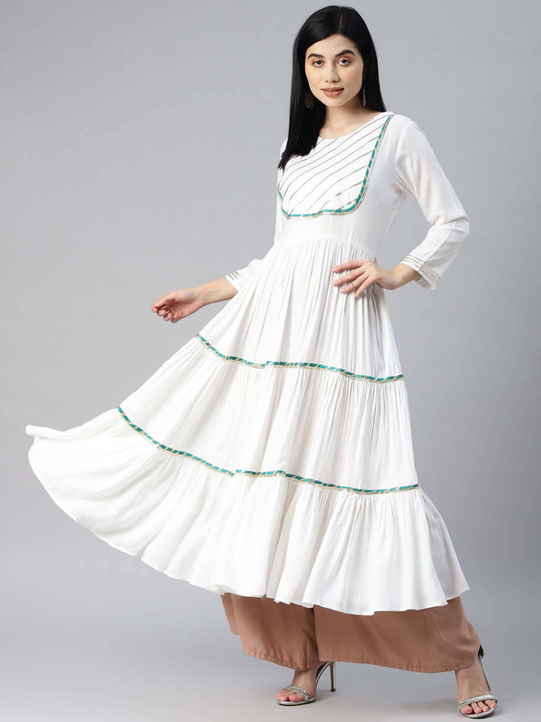 MBE Women White Embellished Gotta Patti White Romance Anarkali Kurta