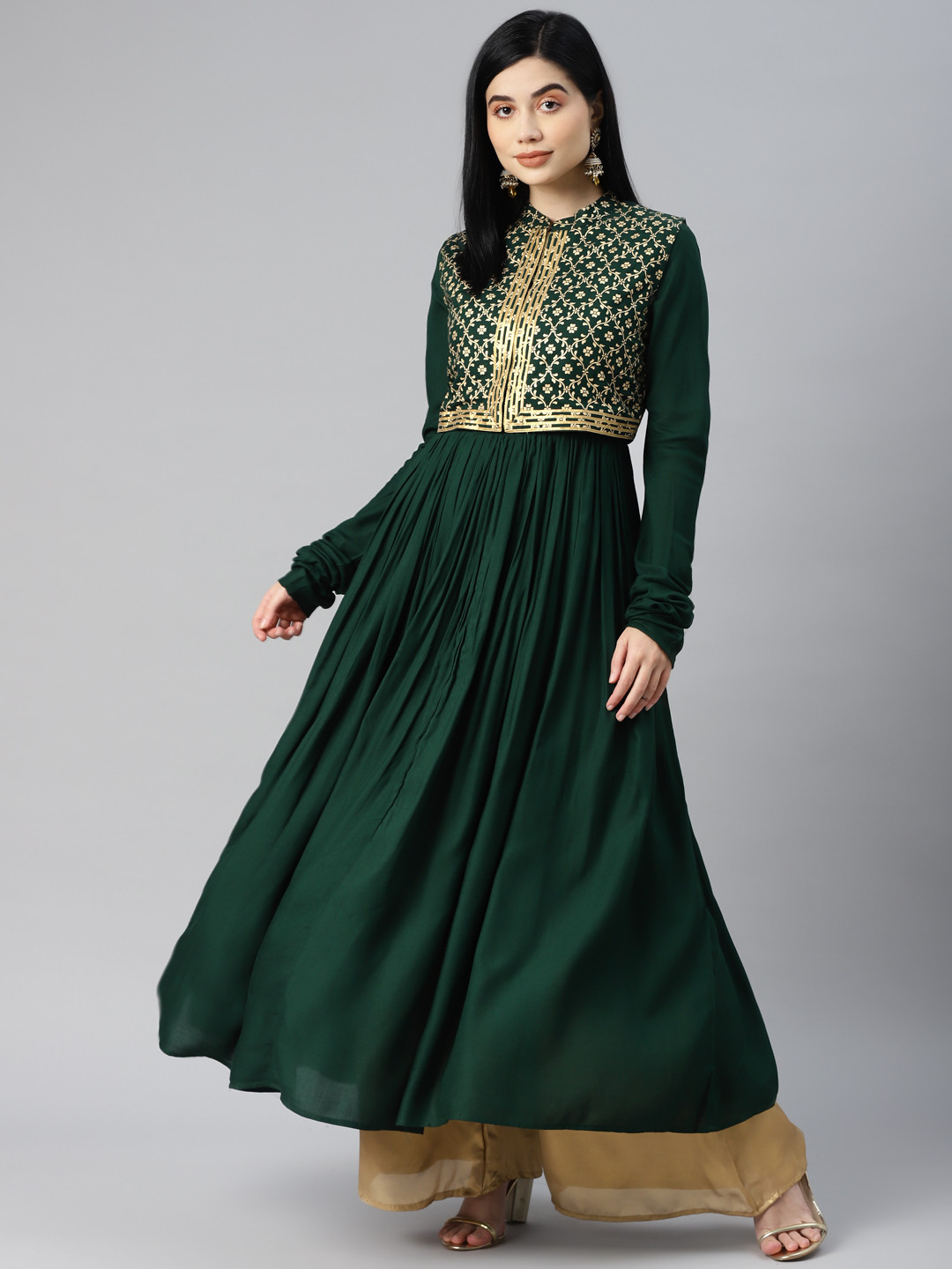 MBE Women Green & Golden Gotta Patti Anarkali Kurta