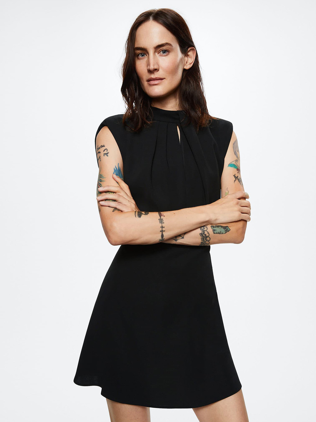 MANGO Black Solid Shoulder Pad Keyhole Neck A-Line Mini Dress