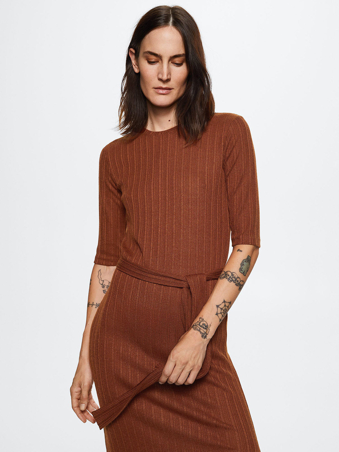 MANGO Brown Ribbed Sheath Midi Dress with Belt