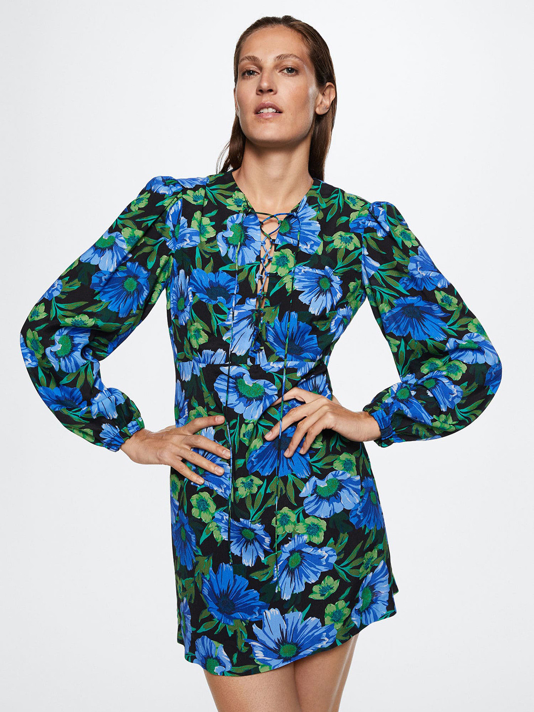 MANGO Floral Tie-Up Neck A-Line Mini Dress