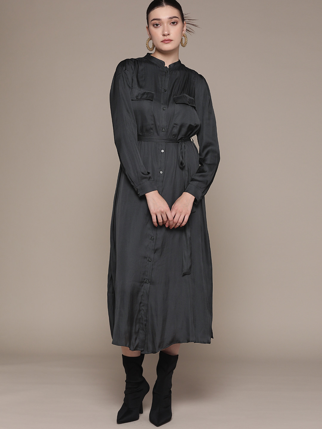 MANGO Black Solid Satin Shirt Midi Dress