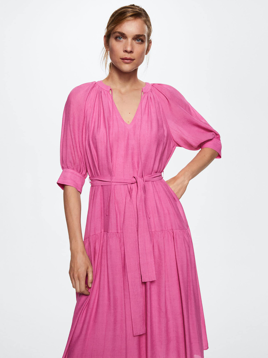MANGO Pink Tie-Up Neck A-Line Midi Dress