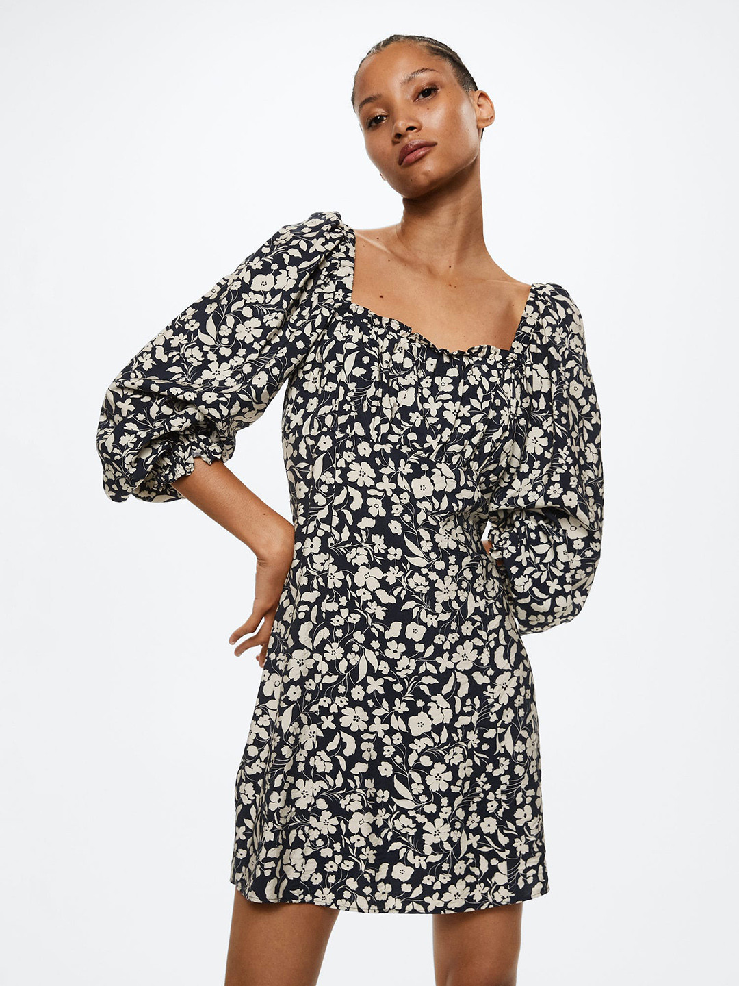 MANGO Black & White Floral A-Line Dress