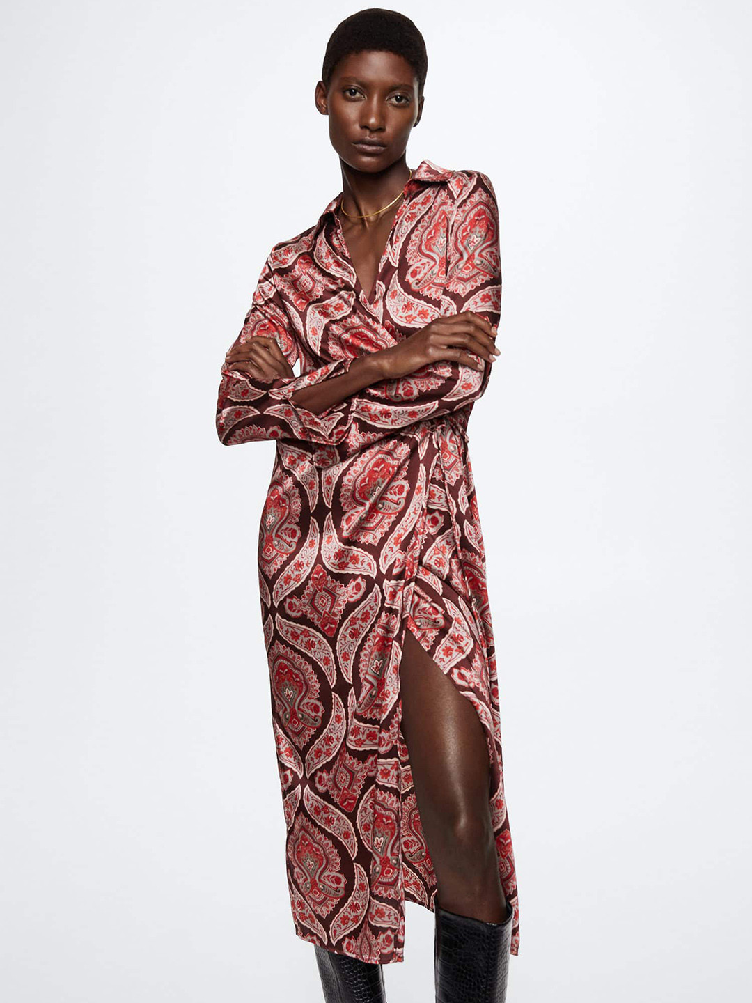 MANGO Grey & Brown Printed Wrap Midi Dress