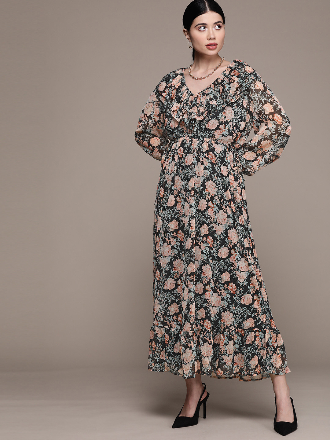 MANGO Black & Peach-Coloured Floral Print Maxi Dress