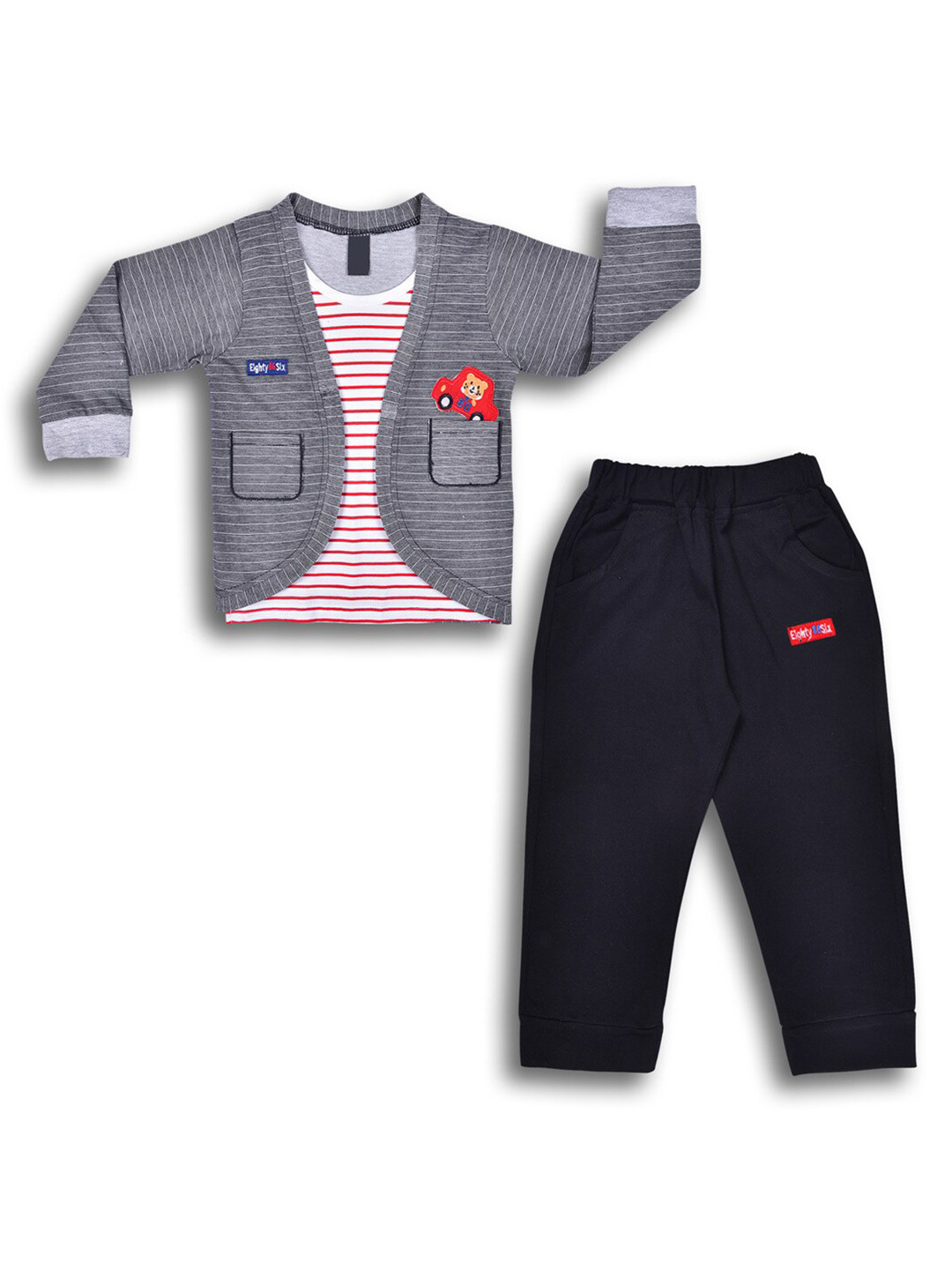 Wish Karo Boys Red & Black Striped T-shirt with Trouser