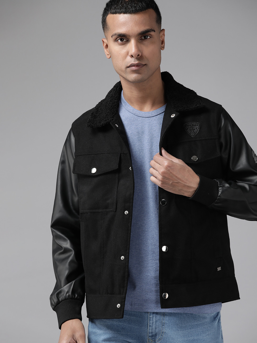 The Roadster Lifestyle Co. Men Faux Leather Trim Pocket Detailed Jacket