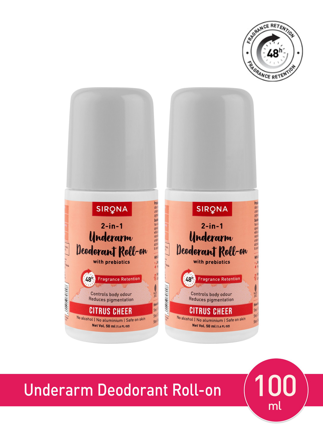 Sirona Set of 2 2-in-1 Underarm Roll On Deodorants with Prebiotics 50 ml - Citrus Cheer